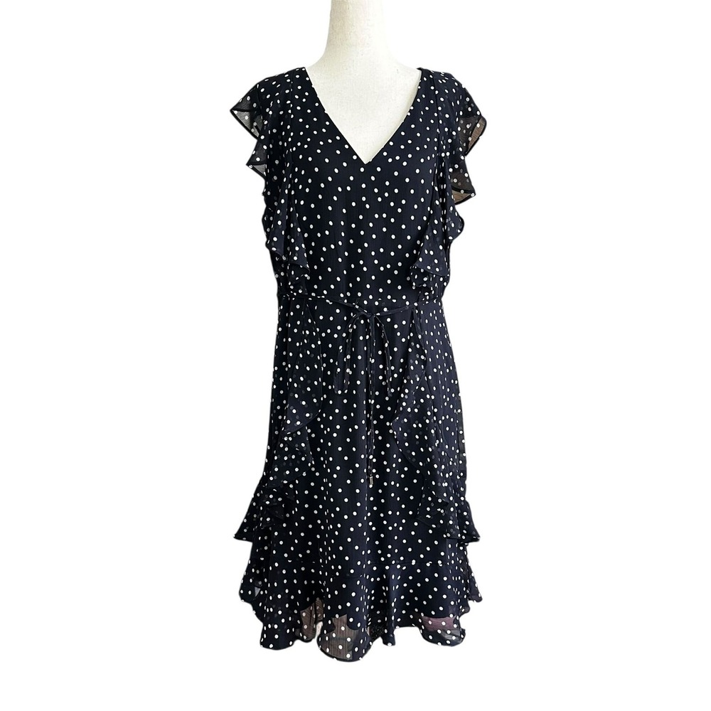 Tommy Hilfiger Blue Polkadots Lined Chiffon Blouson Dress Womens Size 14 | 74-23